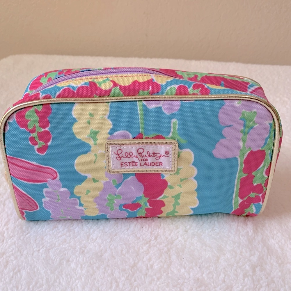 Lily Pulitzer For Estée Lauder Floral Pink Blue Green Oblong Makeup Bag